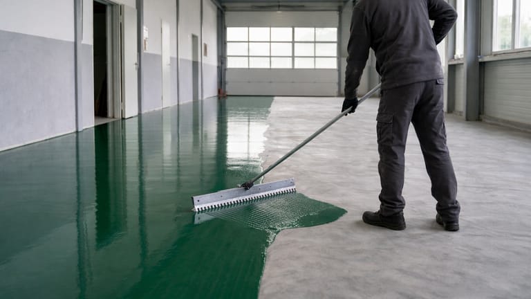 Akryylilattia asennus vihreä. Henkilö työssä.